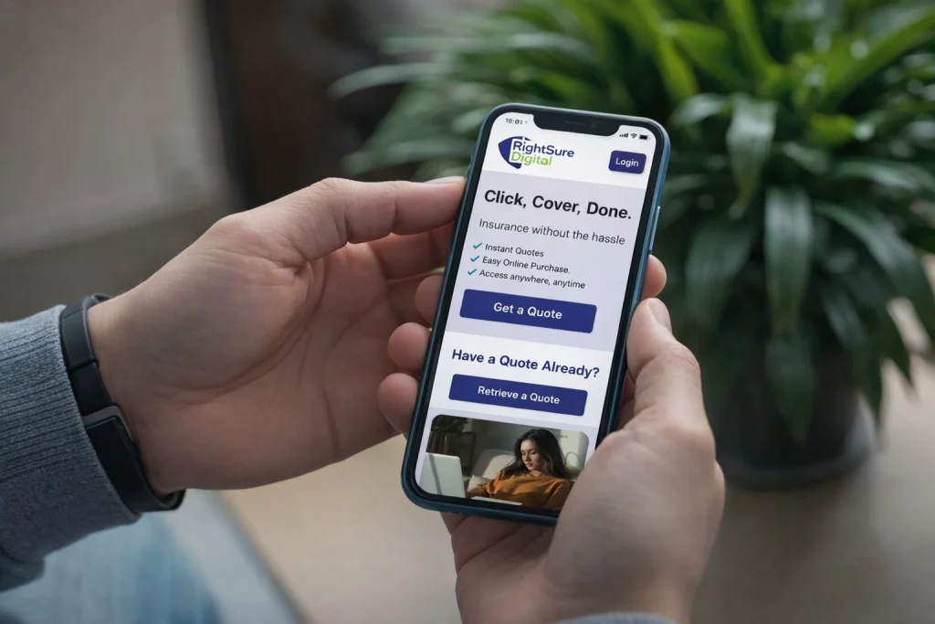 Someone holding a mobile phone with the RightSure Digital website visible on screen