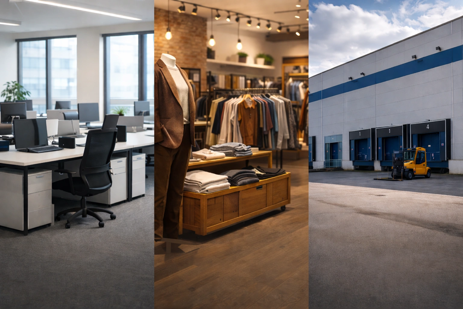 Split image showing various commercial propertys of an office space, retail and warehousing