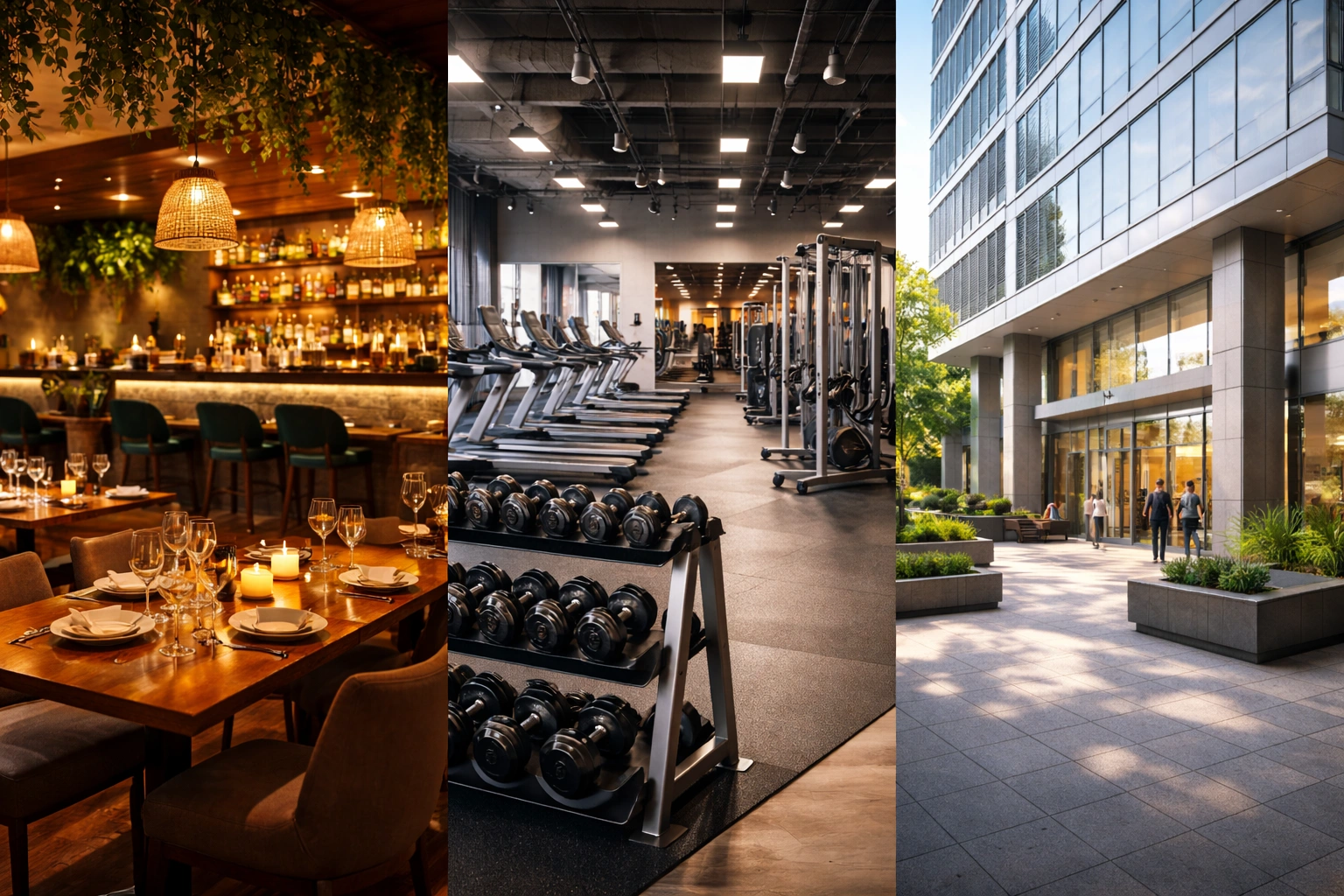 image showing various commercial proerty spaces, showing a restaurant, gym and offices