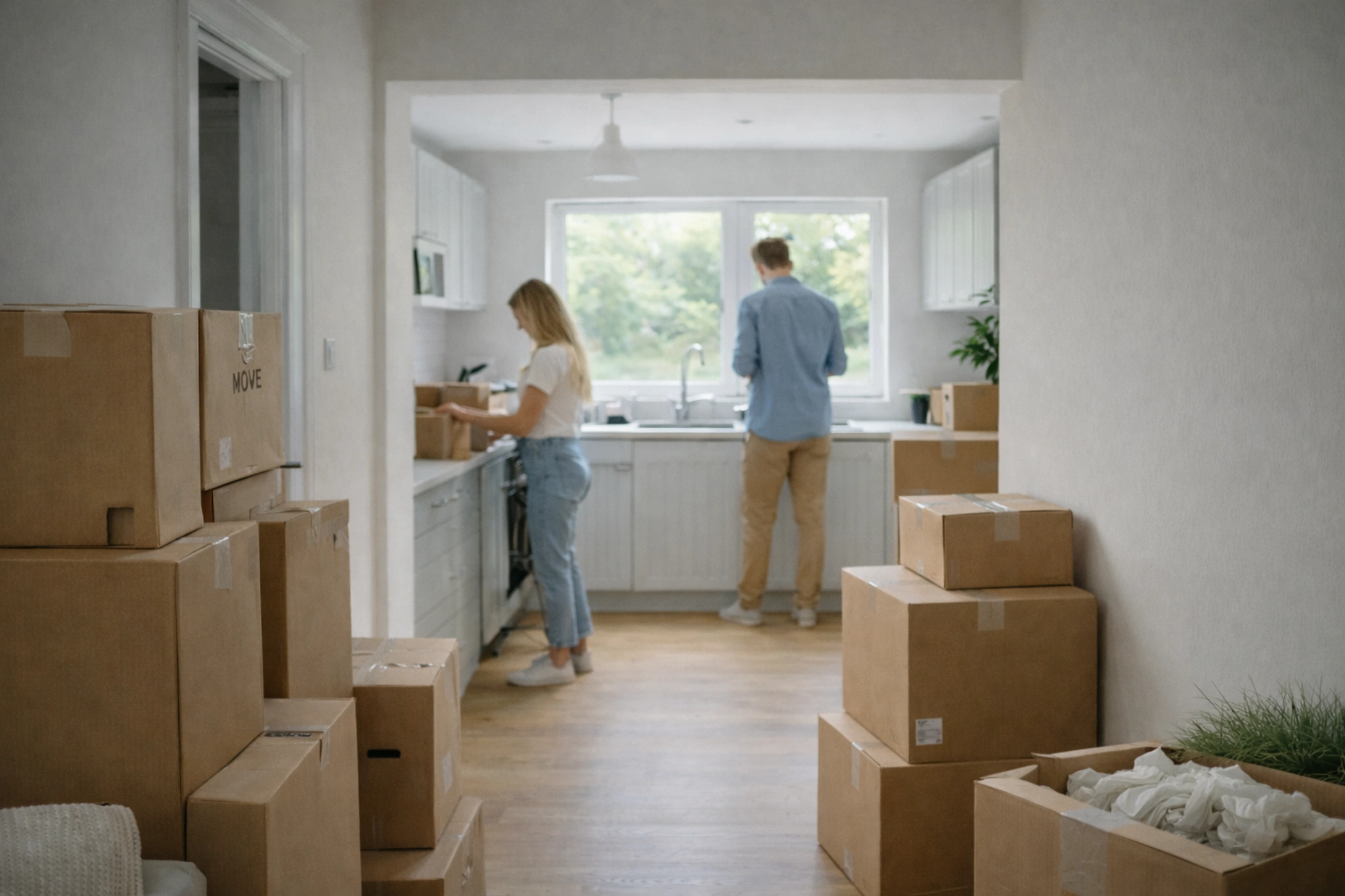 two people standing in a kitchen with moving boxes in view