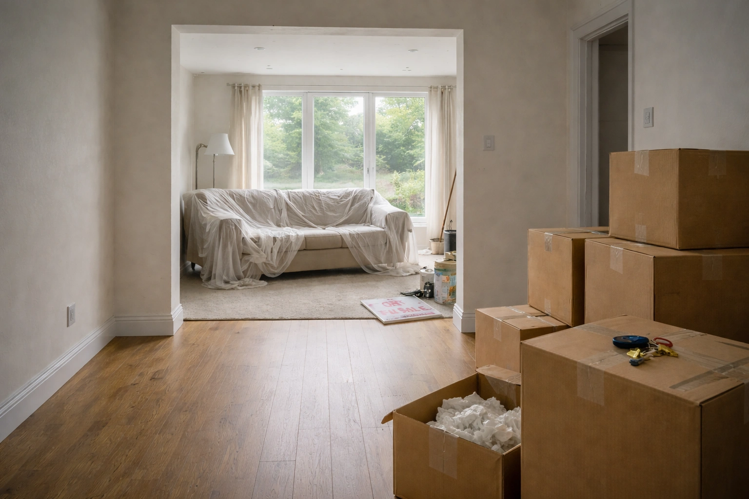 Image of an empty unoccupied home, with a sofa, paint tins and moving boxes