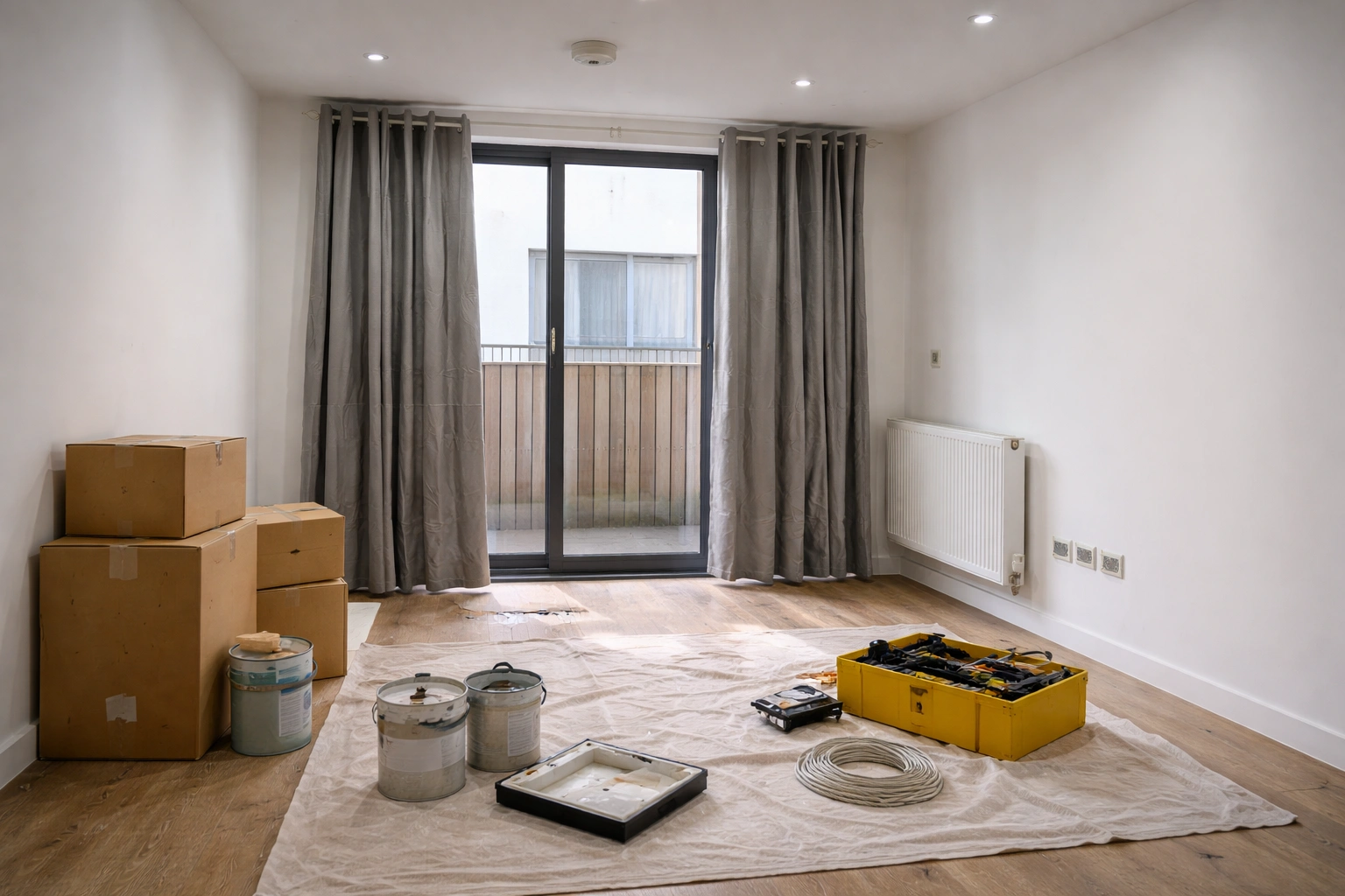 Photo of an unoccupied room with moving boxes and paint tins